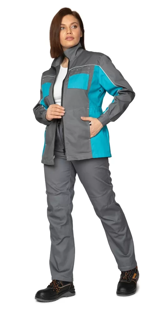 Костюм женский Бренд-1 с удлинённой курткой, серый/бирюза